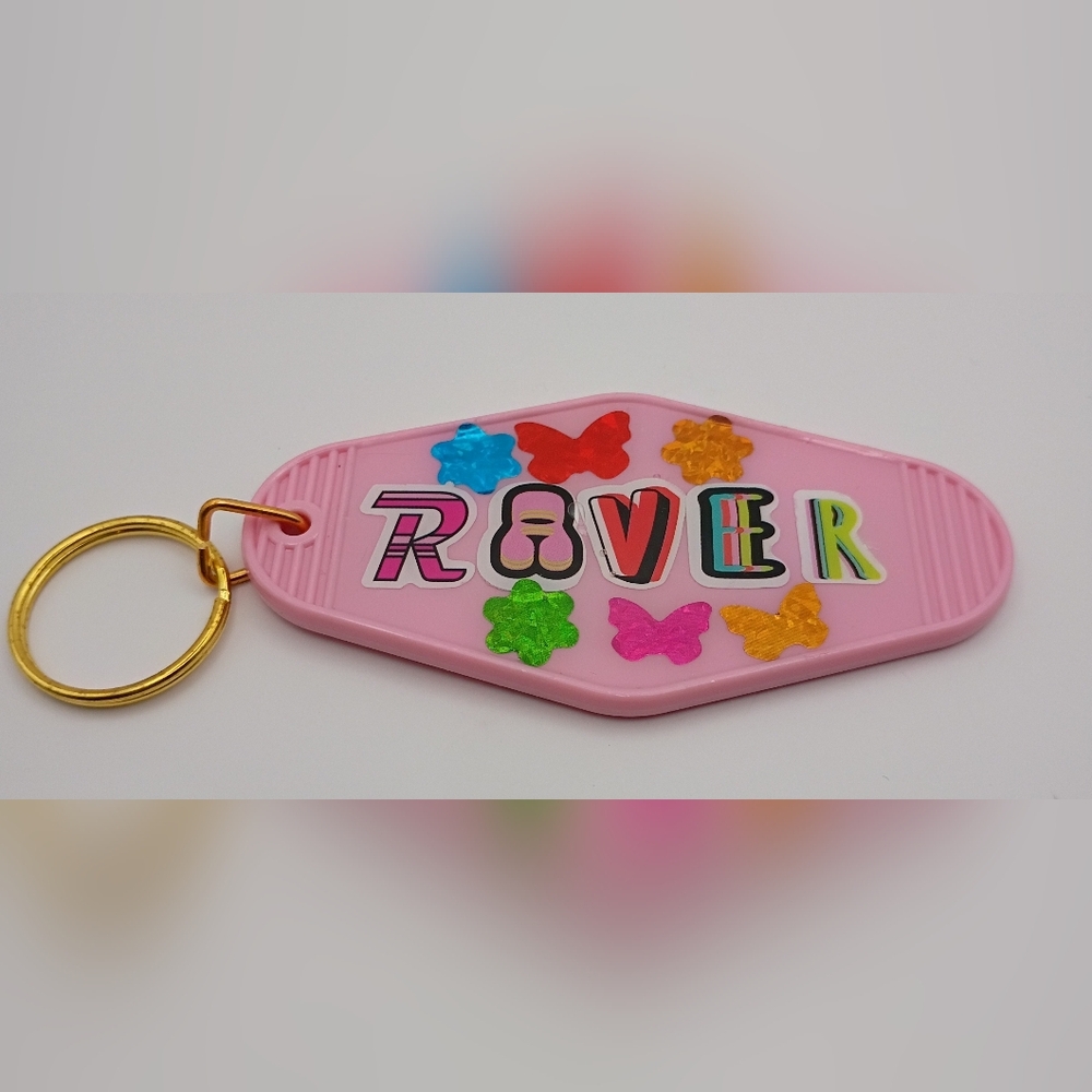 Custom Pink Motel Keychain Retro Name Tag Glitter Charm Cute Y2K Gift